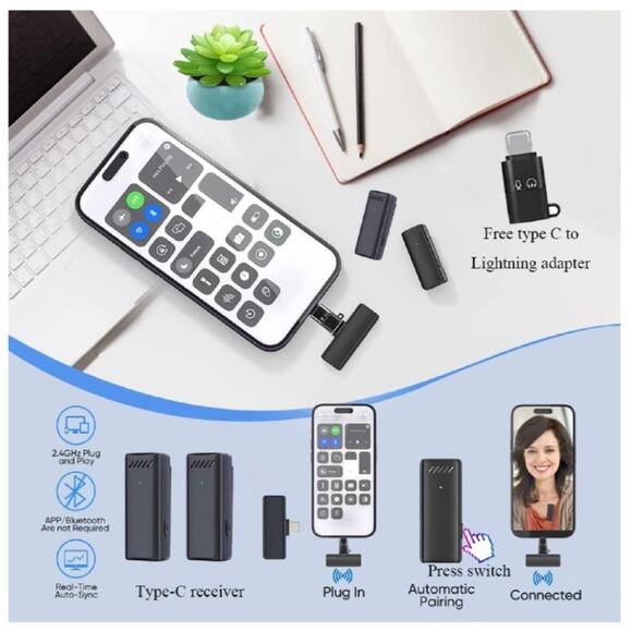 Wireless Lavalier Microphone,Lavalier Microphone for iPhone Android,2 Pack - Picture 3 of 6